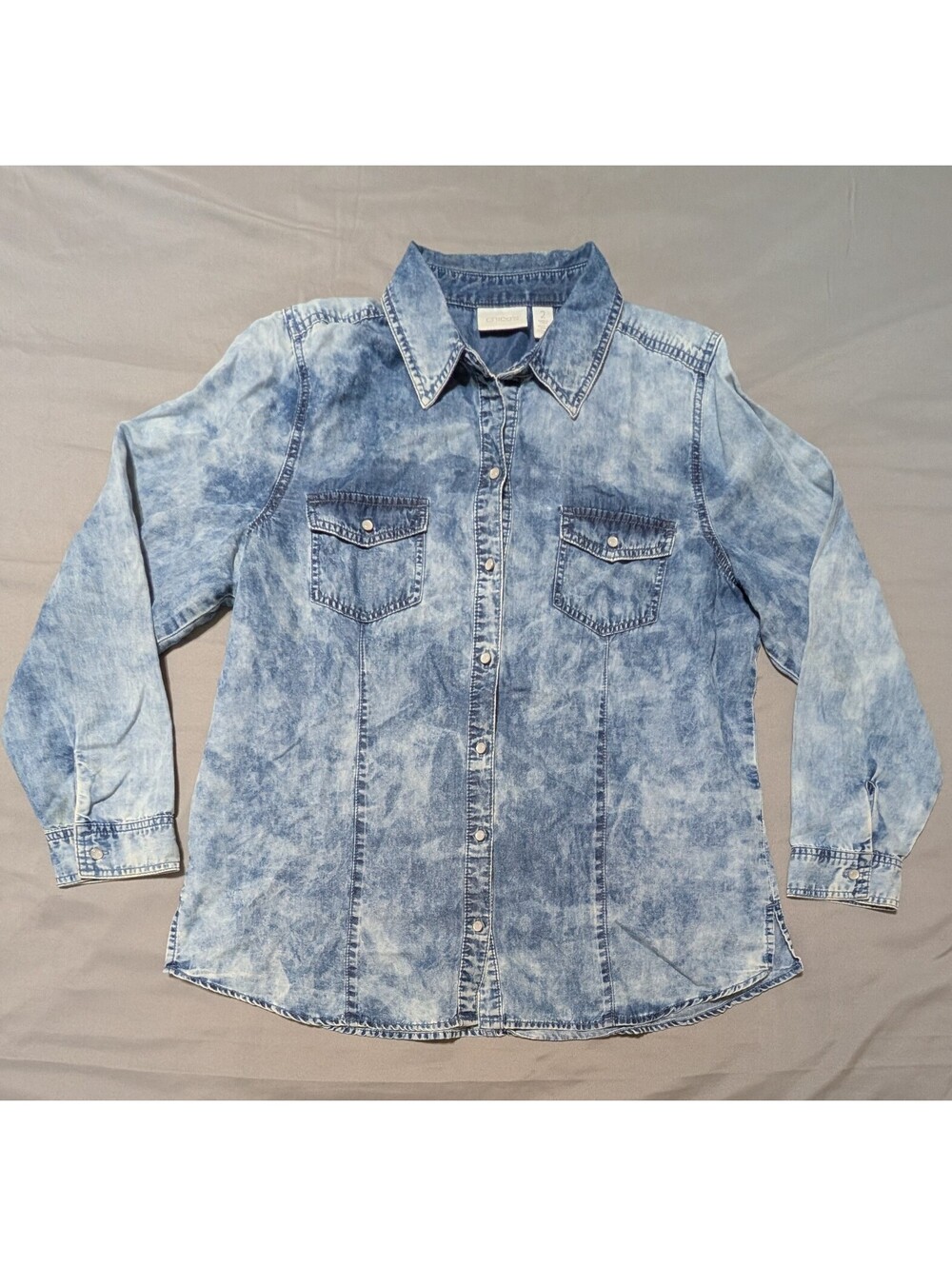Chico's Acid Wash Denim Button Down Shirt Women's Size 2 Large Long Sleeve